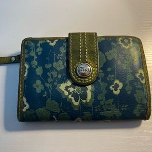 FOSSIL Blue Green Leather & Floral Wallet